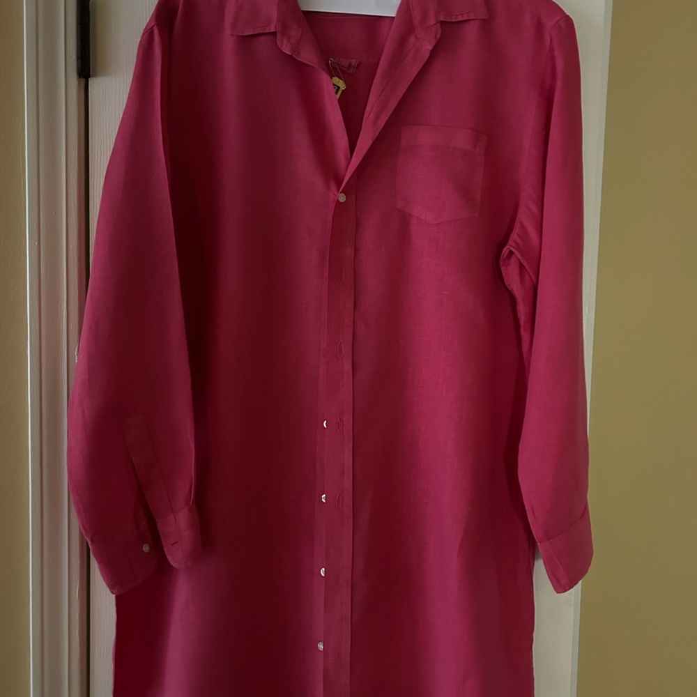 Frank & Eileen Mary Vibrant Pink Linen Button-Down Shirt Dress